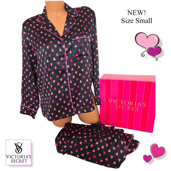 Victoria's Secret Satin Long Pajama Set Lounge Sleep Black Pink Hearts PJs Small - Picture 2 of 14